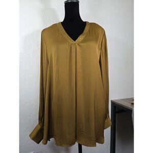Catherine Malandrino size Large Olive Long Sleeve Blouse Bronze Studded Satin